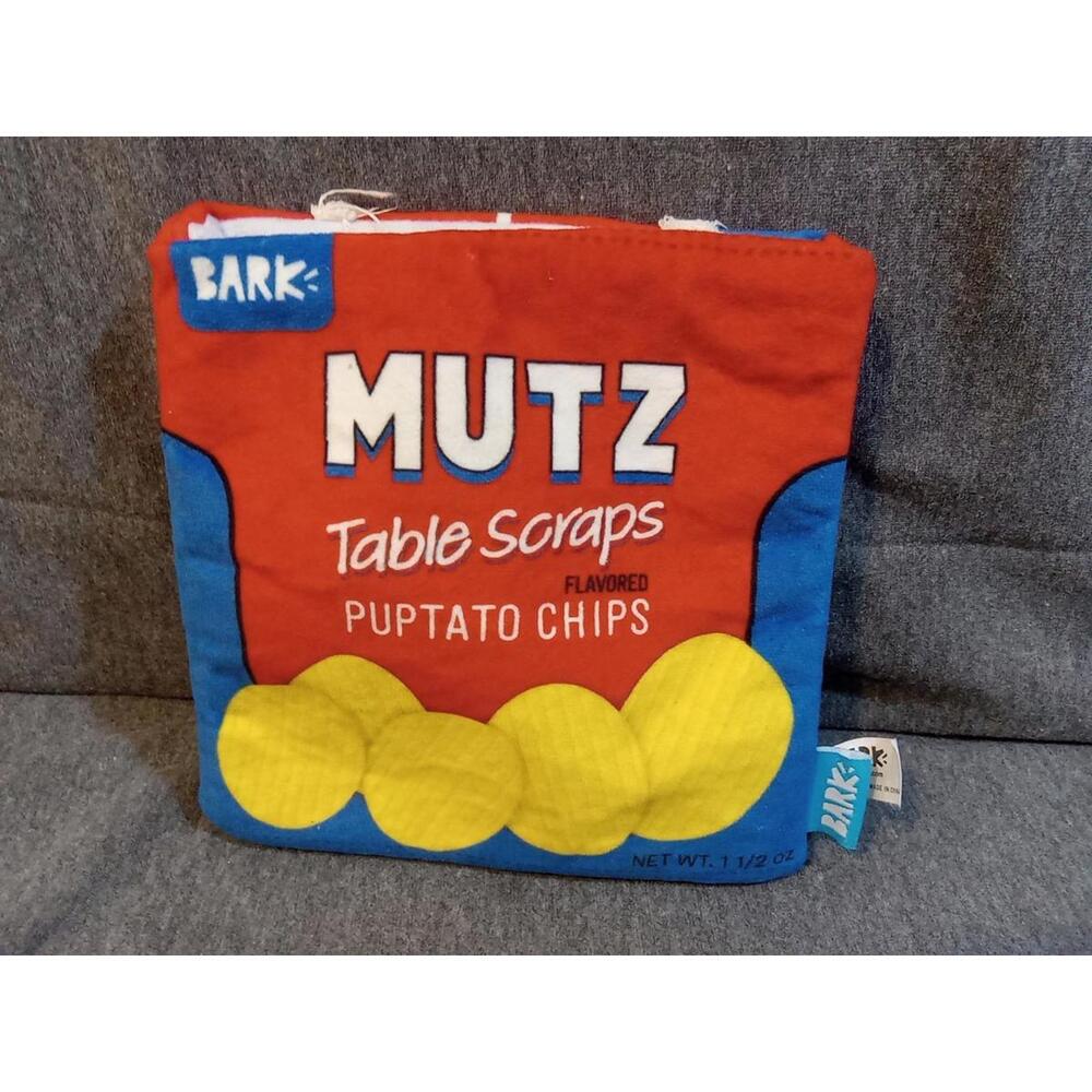 Bark Box Dog Crinkle Pouch Toy Red Yellow Blue Mutz Table Scraps Puptato Chips